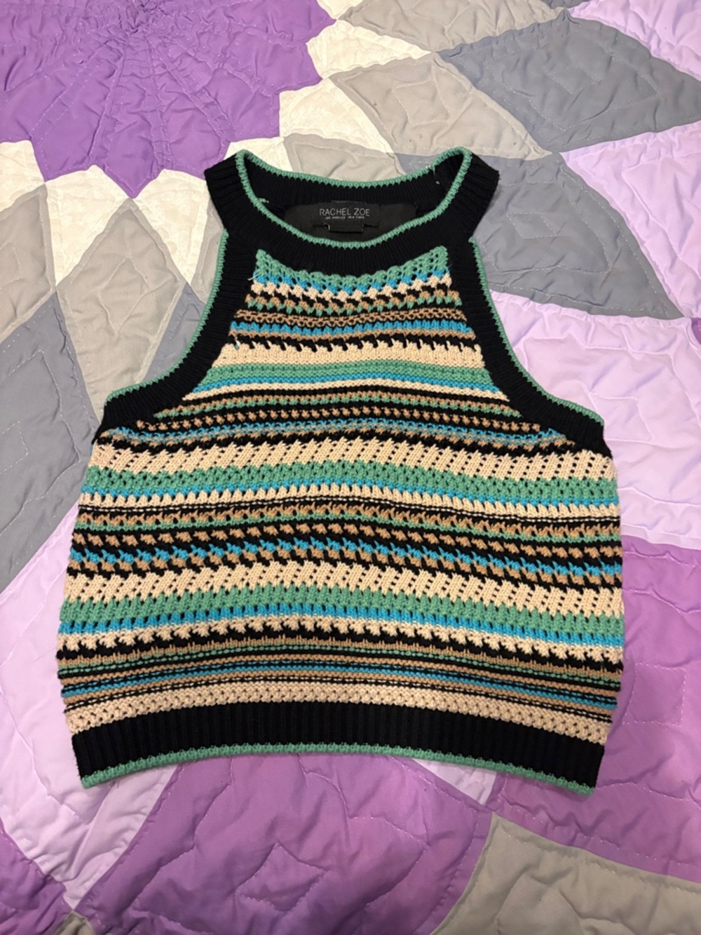 Rachel Zoe Black, Cream & Teal Striped Crochet Tank
